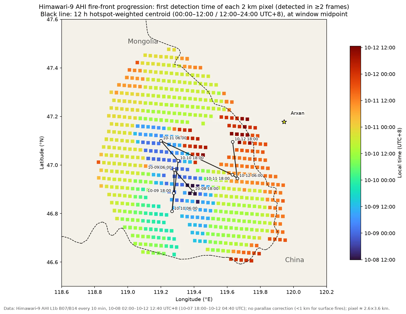 Time at which each 2 km pixel was first detected as a hotspot, with the 12-hour hotspot centroid track. Data: Himawari-9 AHI (JMA, via NOAA Open Data Dissemination on AWS); Made with Natural Earth