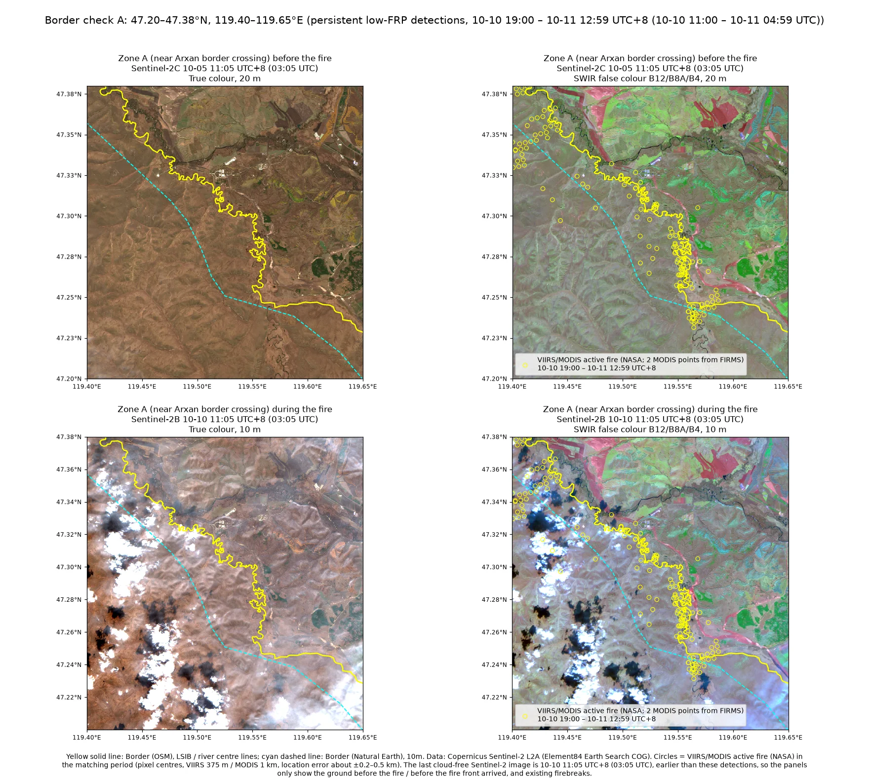 Near the Arxan border crossing: before the fire (10-05) and during the fire (10-10), with the border and VIIRS/MODIS active fire (NASA) detections. Data: Contains modified Copernicus Sentinel data 2026 (Sentinel-2, via Element84 Earth Search); NASA VIIRS 375 m and MODIS 1 km active fire products (VNP14IMG, VJ114IMG, VJ214IMG v002; MOD14/MYD14 C6.1; NASA LP DAAC, LANCE); NASA FIRMS / LANCE NRT active fire data (VIIRS 375 m, MODIS 1 km); © OpenStreetMap contributors (ODbL, openstreetmap.org/copyright); Made with Natural Earth
