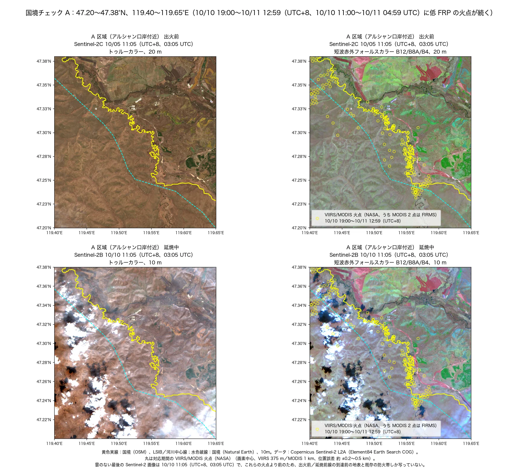 アルシャン口岸付近：出火前の 10/05 と延焼中の 10/10、国境と VIIRS/MODIS 火点（NASA）を重ねて表示。データ：Contains modified Copernicus Sentinel data 2026（Sentinel-2、Element84 Earth Search 経由）；NASA VIIRS 375 m・MODIS 1 km 火点プロダクト（VNP14IMG、VJ114IMG、VJ214IMG v002、MOD14/MYD14 C6.1、NASA LP DAAC・LANCE）；NASA FIRMS / LANCE 準リアルタイム火点データ（VIIRS 375 m、MODIS 1 km）；© OpenStreetMap contributors（ODbL、openstreetmap.org/copyright）；Made with Natural Earth