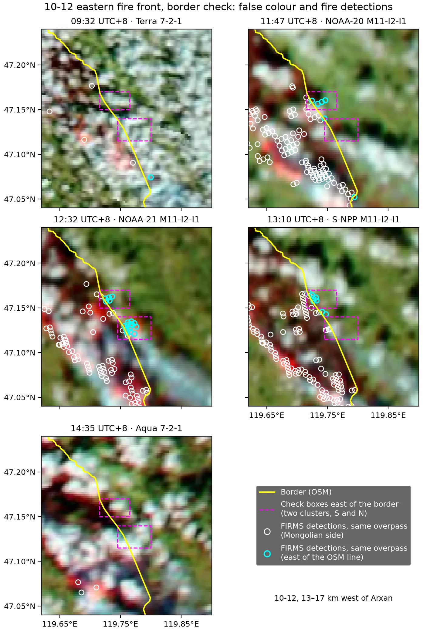 Scene-by-scene check of the two fire-detection clusters that cross the border west of Arxan, false colour, five scenes of 10-12. Yellow line: border (OSM); magenta dashed boxes: the two check boxes east of the border; white circles: FIRMS fire detections from the same overpass on the Mongolian side; cyan circles: fire detections east of the OSM line. Bright red and orange: active fire; dark reddish brown: burn scar; cyan: smoke. Data: Imagery from NASA GIBS/Worldview (MODIS, VIIRS Corrected Reflectance); NASA FIRMS / LANCE NRT active fire data (VIIRS 375 m, MODIS 1 km); © OpenStreetMap contributors (ODbL, openstreetmap.org/copyright)