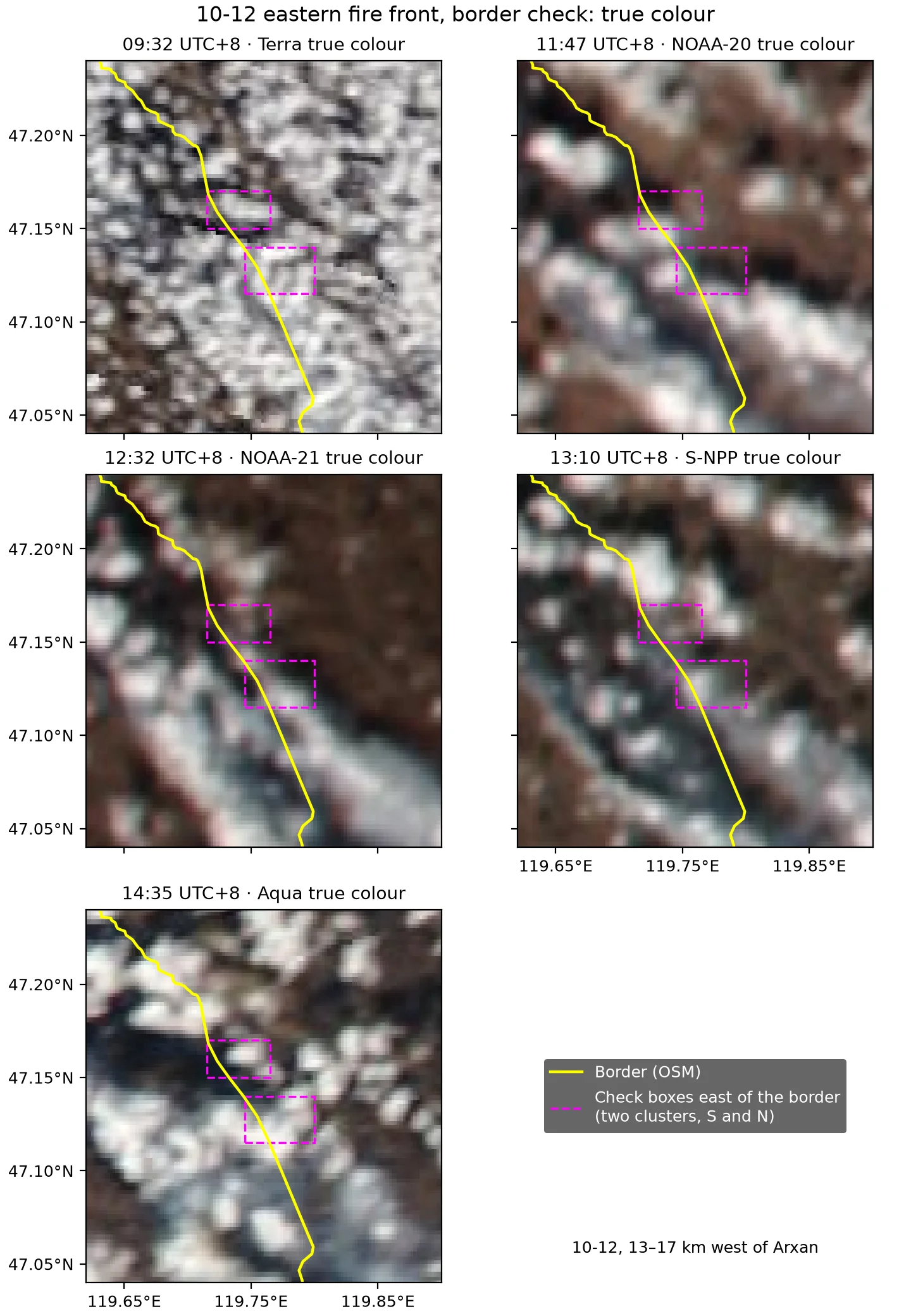 The same five scenes in true colour, used to tell cloud, smoke and burn scar apart. Yellow line and magenta dashed boxes as above. Data: Imagery from NASA GIBS/Worldview (MODIS, VIIRS Corrected Reflectance); © OpenStreetMap contributors (ODbL, openstreetmap.org/copyright)