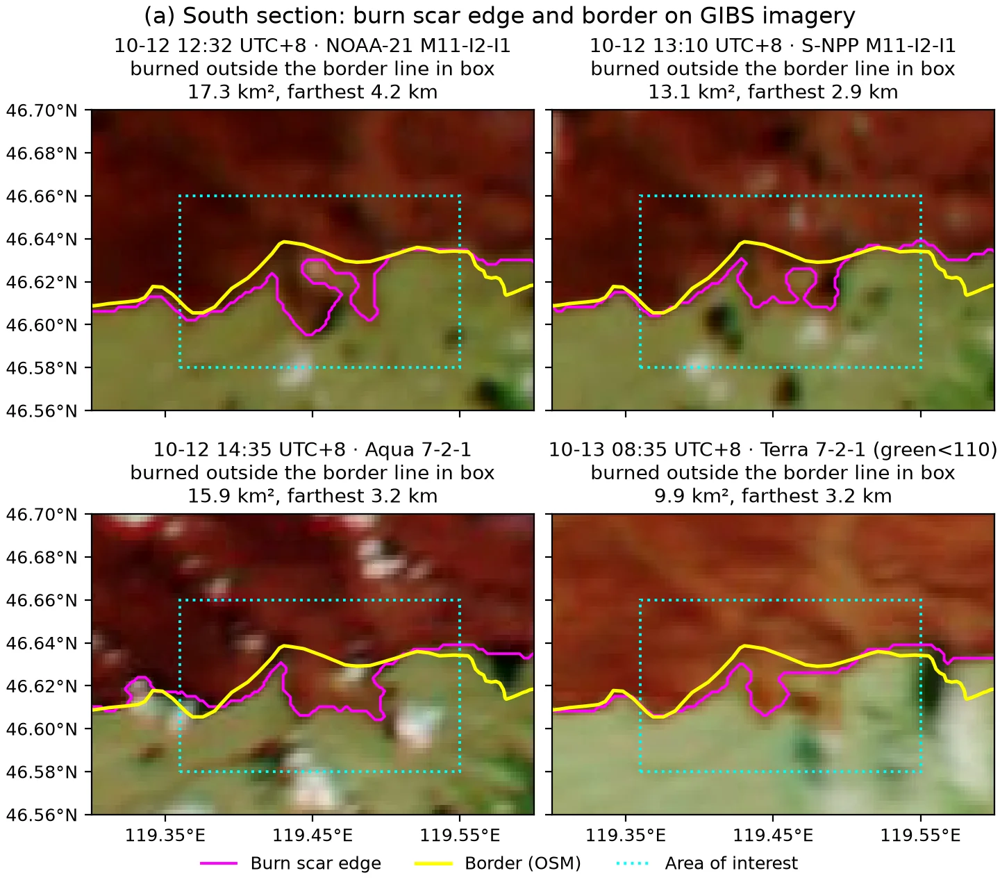 South section: burn scar edge (magenta) and border (OSM, yellow line) on four GIBS scenes at 250–375 m from 10-12 and 10-13. Each panel title gives the burned area outside the border line (OSM) inside the box and the farthest distance from the line. The 10-13 Terra scene uses the relaxed green-channel threshold; the edge error is 1–2 pixels (0.4–1 km). Data: Imagery from NASA GIBS/Worldview (MODIS, VIIRS Corrected Reflectance); © OpenStreetMap contributors (ODbL, openstreetmap.org/copyright)