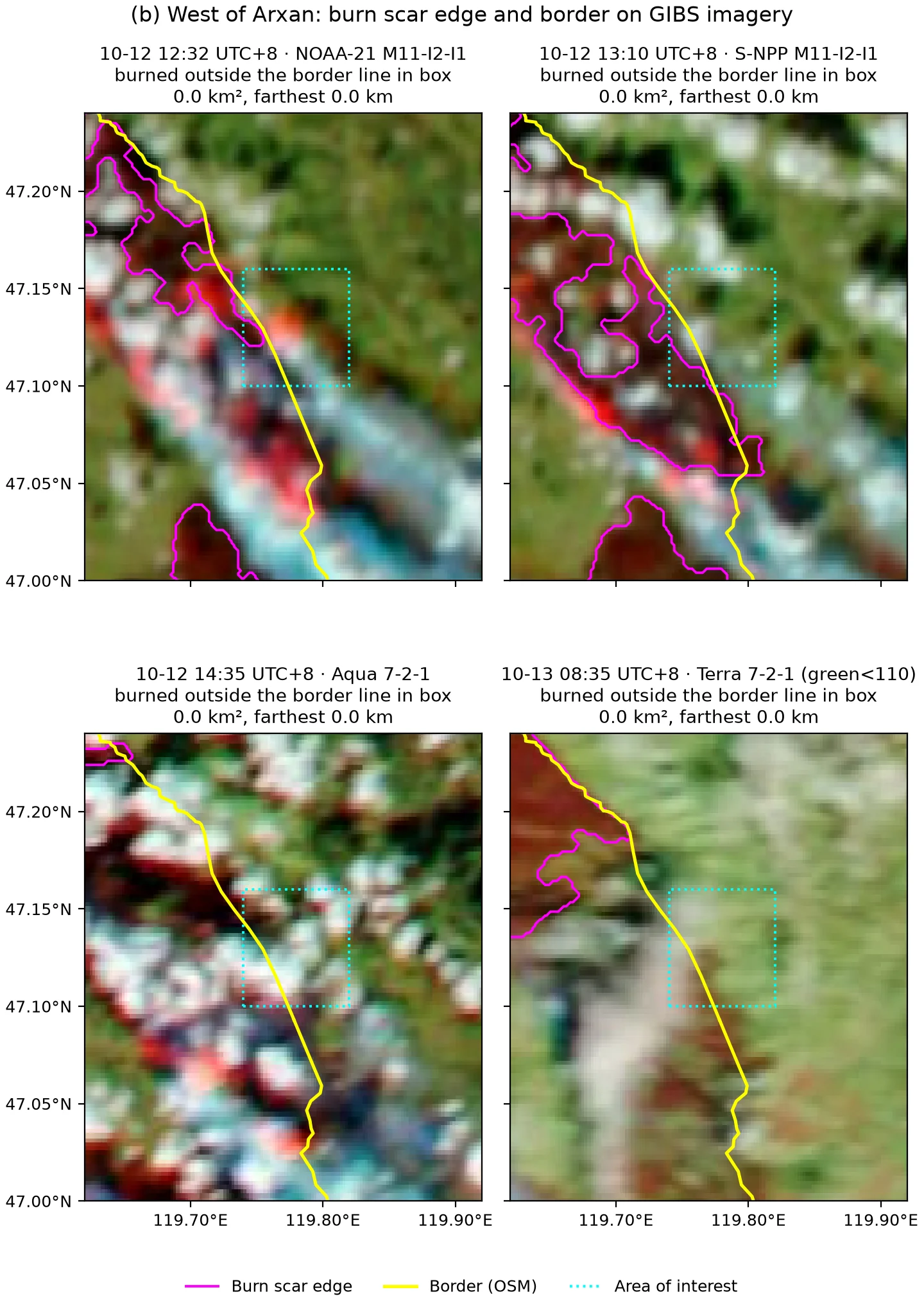 West of Arxan: the same four scenes, legend as above. In all four scenes the burned area outside the border line inside the box is 0 km². Data: Imagery from NASA GIBS/Worldview (MODIS, VIIRS Corrected Reflectance); © OpenStreetMap contributors (ODbL, openstreetmap.org/copyright)