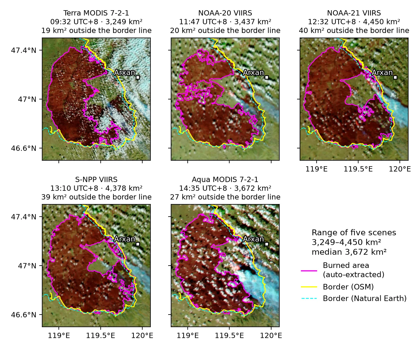 Burned area extracted automatically from the imagery of the five satellite overpasses on 10-12 (magenta outline); each panel title gives the burned area and the part outside the border line (OSM). Cyan in the southeast: smoke plume; yellow line: border (OSM); cyan dashed line: border (Natural Earth). Data: Imagery from NASA GIBS/Worldview (MODIS, VIIRS Corrected Reflectance); © OpenStreetMap contributors (ODbL, openstreetmap.org/copyright); Made with Natural Earth