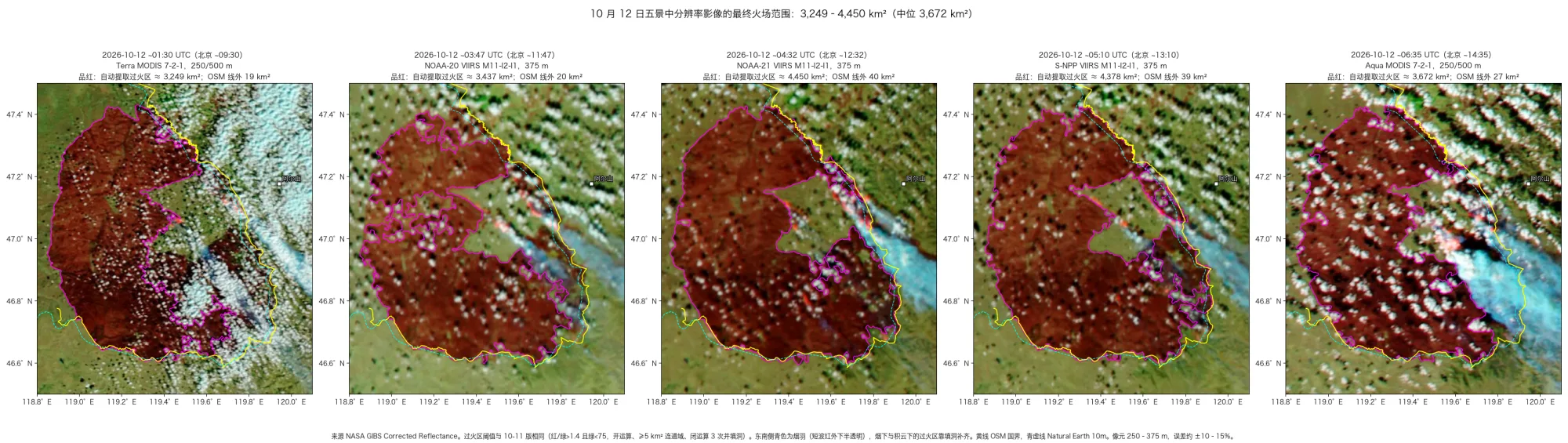 10-12 五颗卫星影像上自动提取的过火区(品红轮廓)