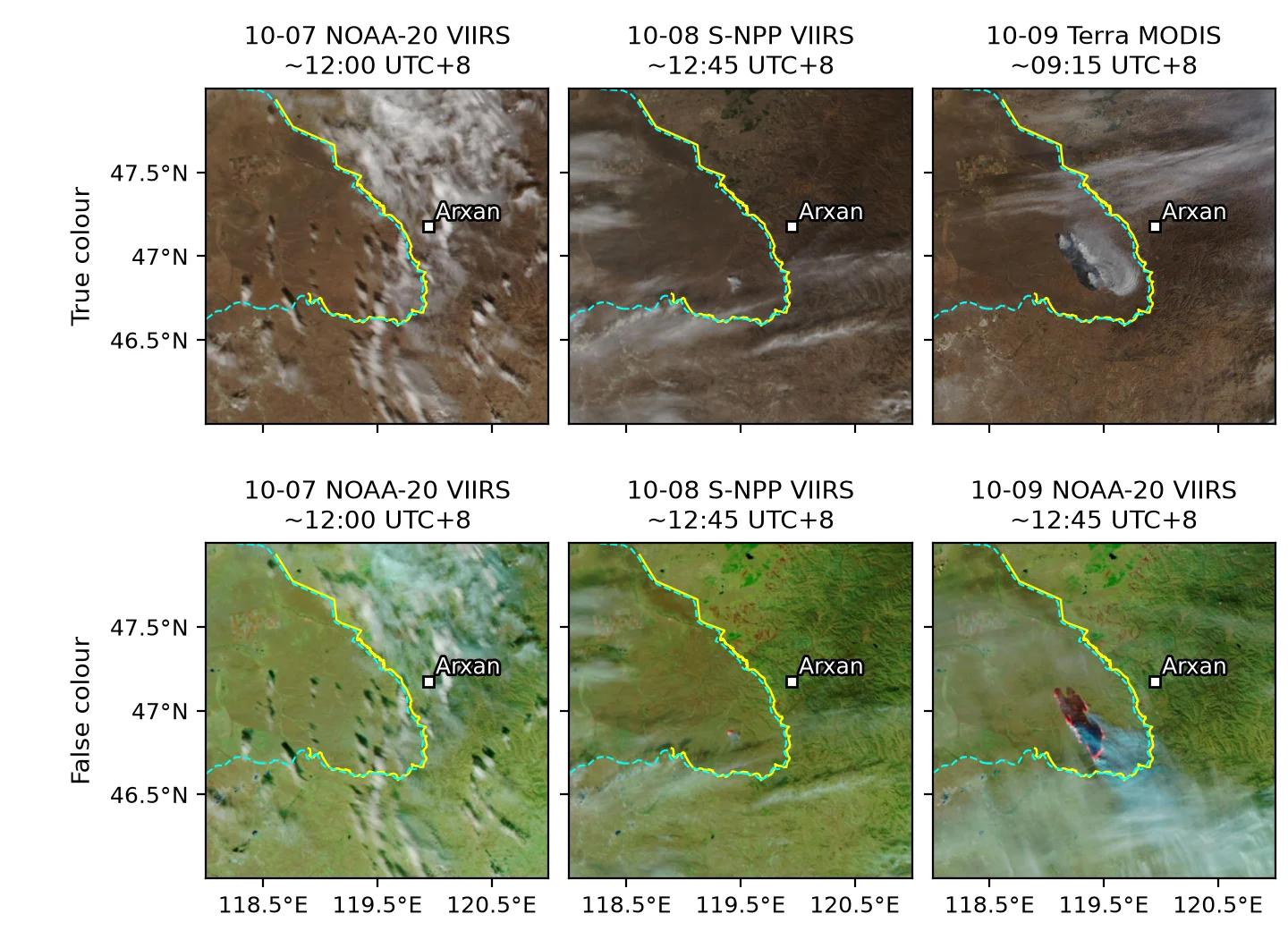 Daily MODIS/VIIRS imagery, 10-07 to 10-09, 46–48°N, 118–121°E. Top row: true colour; bottom row: false colour (VIIRS M11-I2-I1 or MODIS 7-2-1). Yellow line: border (OSM); cyan dashed line: border (Natural Earth). Data: Imagery from NASA GIBS/Worldview (MODIS, VIIRS Corrected Reflectance); © OpenStreetMap contributors (ODbL, openstreetmap.org/copyright); Made with Natural Earth