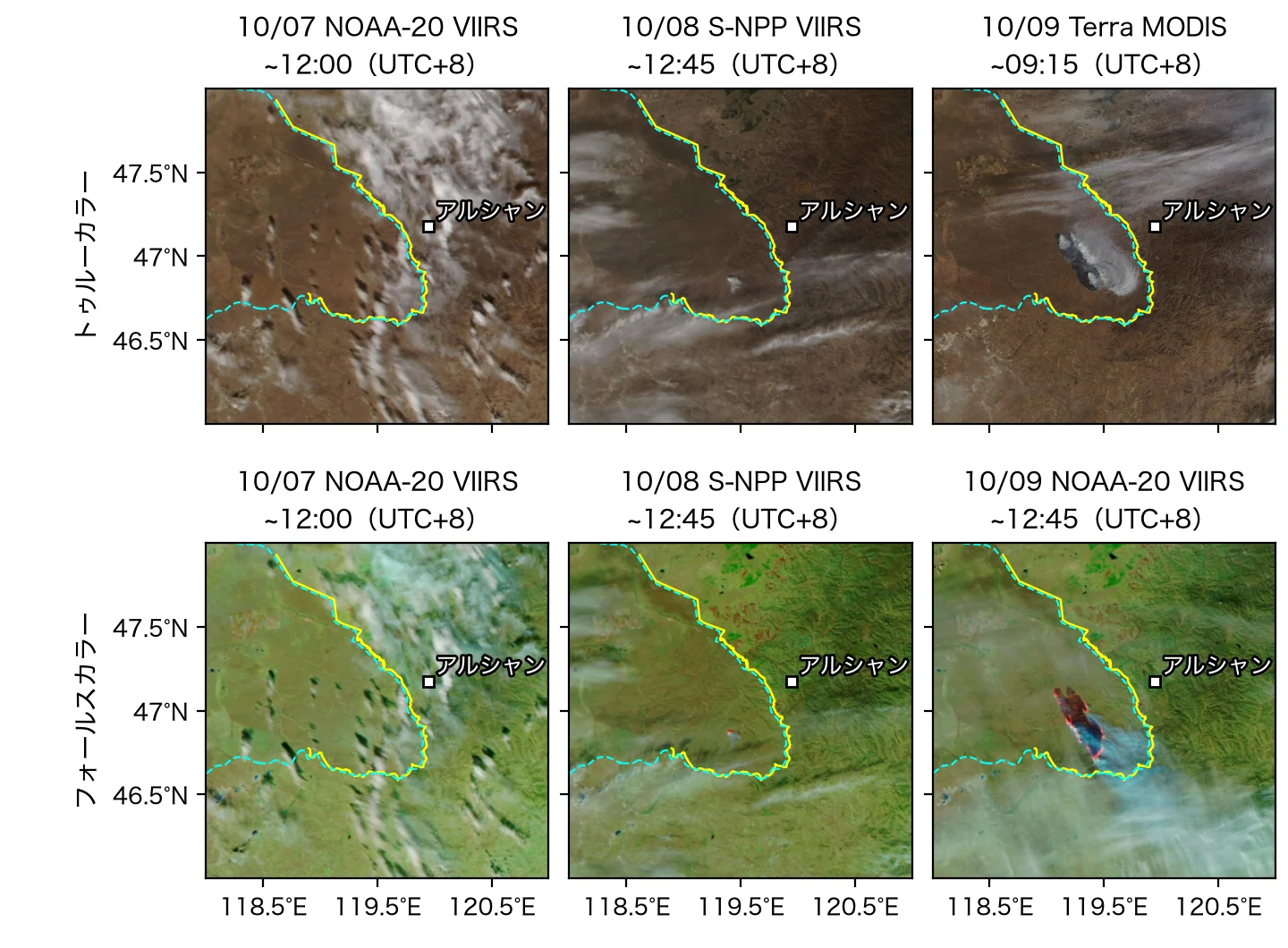 10/07〜10/09 の日別 MODIS/VIIRS 画像、46〜48°N、118〜121°E。上段はトゥルーカラー、下段はフォールスカラー（VIIRS M11-I2-I1 または MODIS 7-2-1）。黄色の線は国境（OSM）、水色の破線は国境（Natural Earth）。データ：NASA GIBS/Worldview の画像（MODIS、VIIRS Corrected Reflectance）；© OpenStreetMap contributors（ODbL、openstreetmap.org/copyright）；Made with Natural Earth