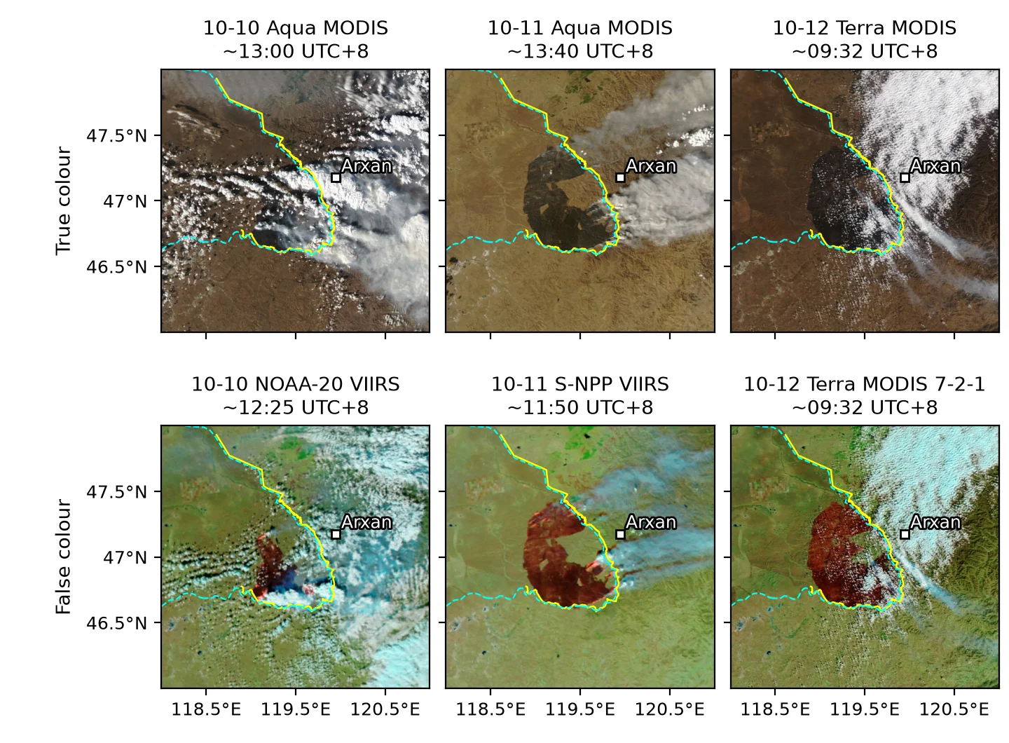 Daily imagery, 10-10 to 10-12, with the same extent and layout as above. In false colour, dark reddish brown is burn scar, bright red and orange are active fire, and cyan is smoke. The 10-12 column shows Terra only. Data: Imagery from NASA GIBS/Worldview (MODIS, VIIRS Corrected Reflectance); © OpenStreetMap contributors (ODbL, openstreetmap.org/copyright); Made with Natural Earth