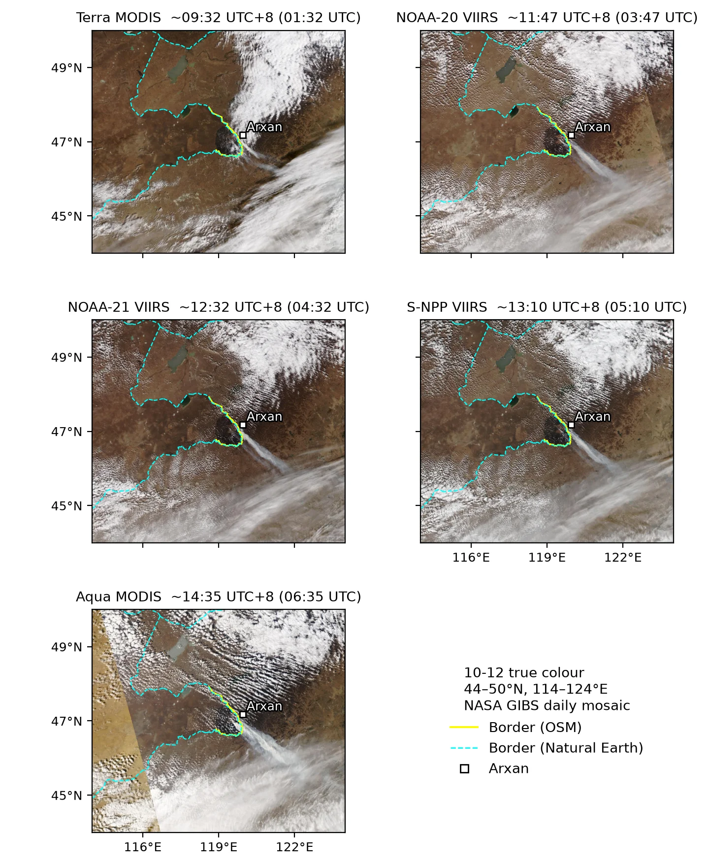 Wide-area true colour from the five satellite overpasses on 10-12, 44–50°N, 114–124°E, in overpass order. Yellow line: border (OSM); cyan dashed line: border (Natural Earth). Data: Imagery from NASA GIBS/Worldview (MODIS, VIIRS Corrected Reflectance); © OpenStreetMap contributors (ODbL, openstreetmap.org/copyright); Made with Natural Earth