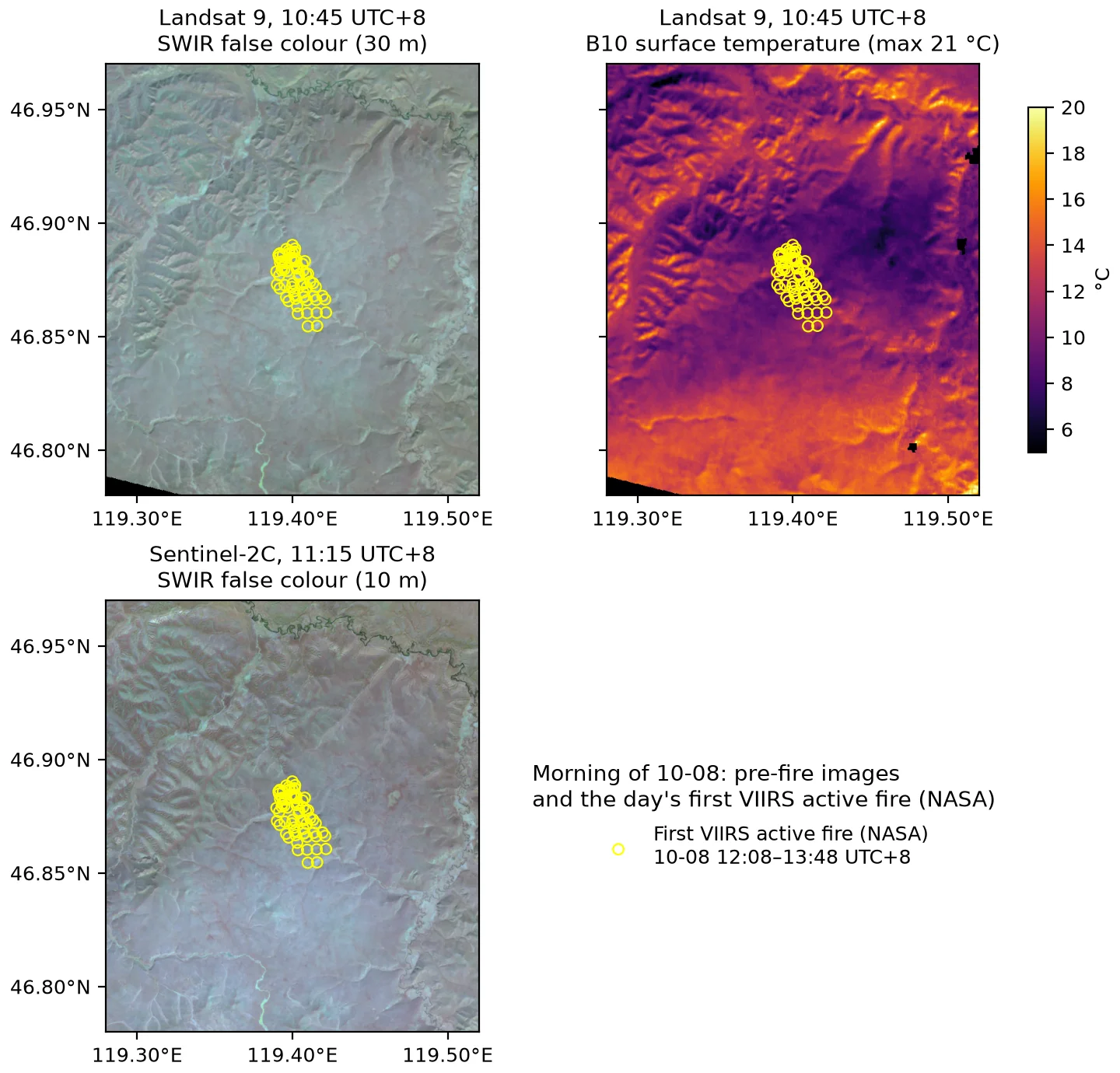 Ignition check: Landsat 9 at 10-08 10:45 UTC+8, SWIR false colour (30 m) and thermal-infrared surface temperature (fire area maximum 21 °C, no thermal anomaly), and Sentinel-2C at 11:15 UTC+8, SWIR false colour (10 m). Yellow circles: VIIRS active fire (NASA) detections of 10-08 12:08–13:48 UTC+8. Data: Landsat 9 image courtesy of the U.S. Geological Survey (via Microsoft Planetary Computer); Contains modified Copernicus Sentinel data 2026 (Sentinel-2, via Element84 Earth Search); NASA VIIRS 375 m and MODIS 1 km active fire products (VNP14IMG, VJ114IMG, VJ214IMG v002; MOD14/MYD14 C6.1; NASA LP DAAC, LANCE)