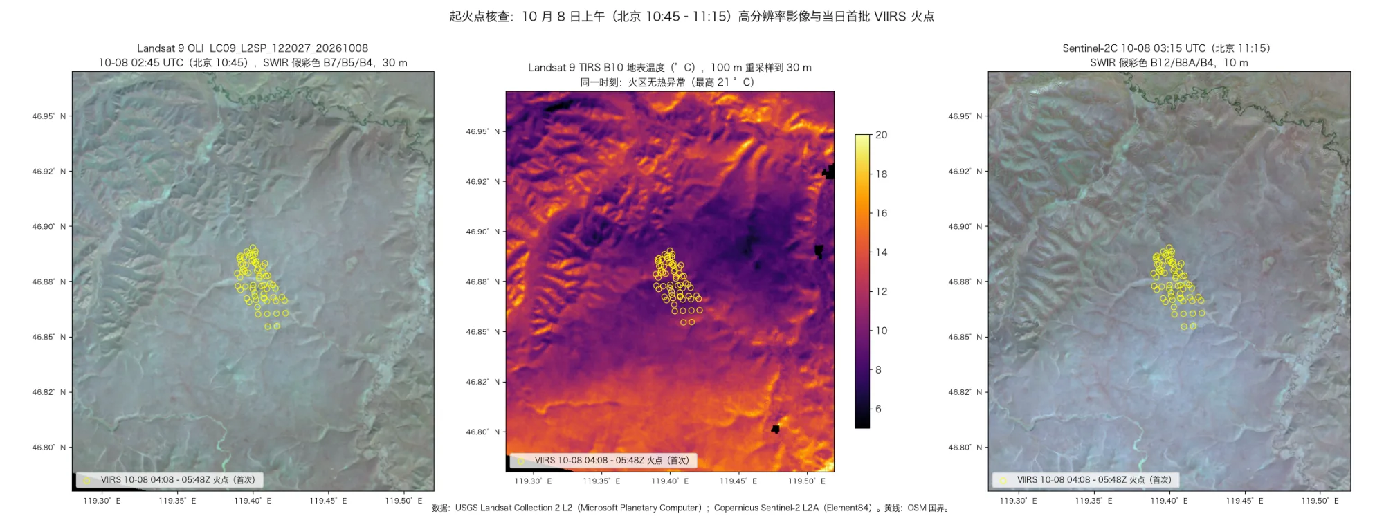 起火点核查:10-08 10:45 Landsat 9(30 m 假彩色与热红外地表温度)和 11:15 哨兵-2C(10 m)