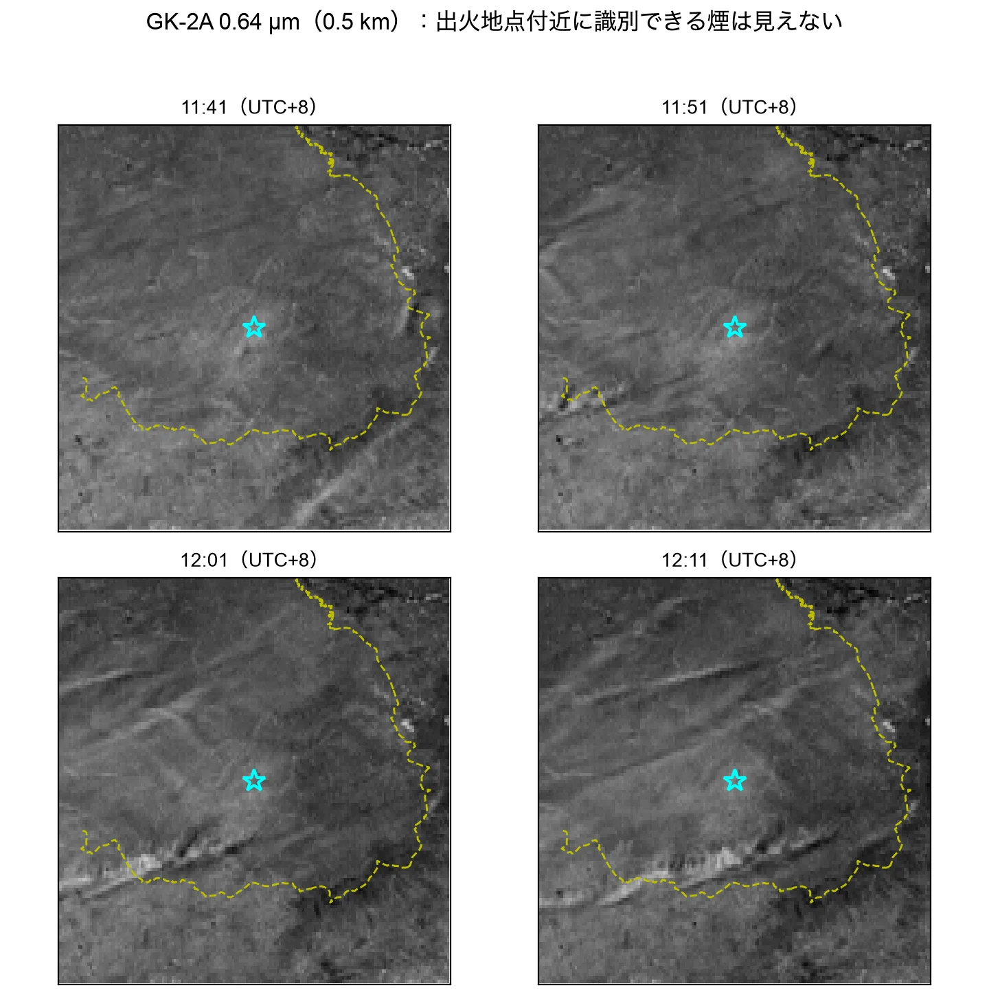 GK-2A 0.64 µm 可視（0.5 km）、10/08 11:41〜12:11（UTC+8）。出火地点付近には薄い巻雲の筋があるだけ。出火地点から 1.5 km 以内のアルベドは 0.129〜0.140 で、2〜8 km の環状域との差は 0.01 未満であり、煙は識別できない。データ：GK-2A AMI（韓国気象庁、NOAA Open Data Dissemination／AWS 経由）；© OpenStreetMap contributors（ODbL、openstreetmap.org/copyright）