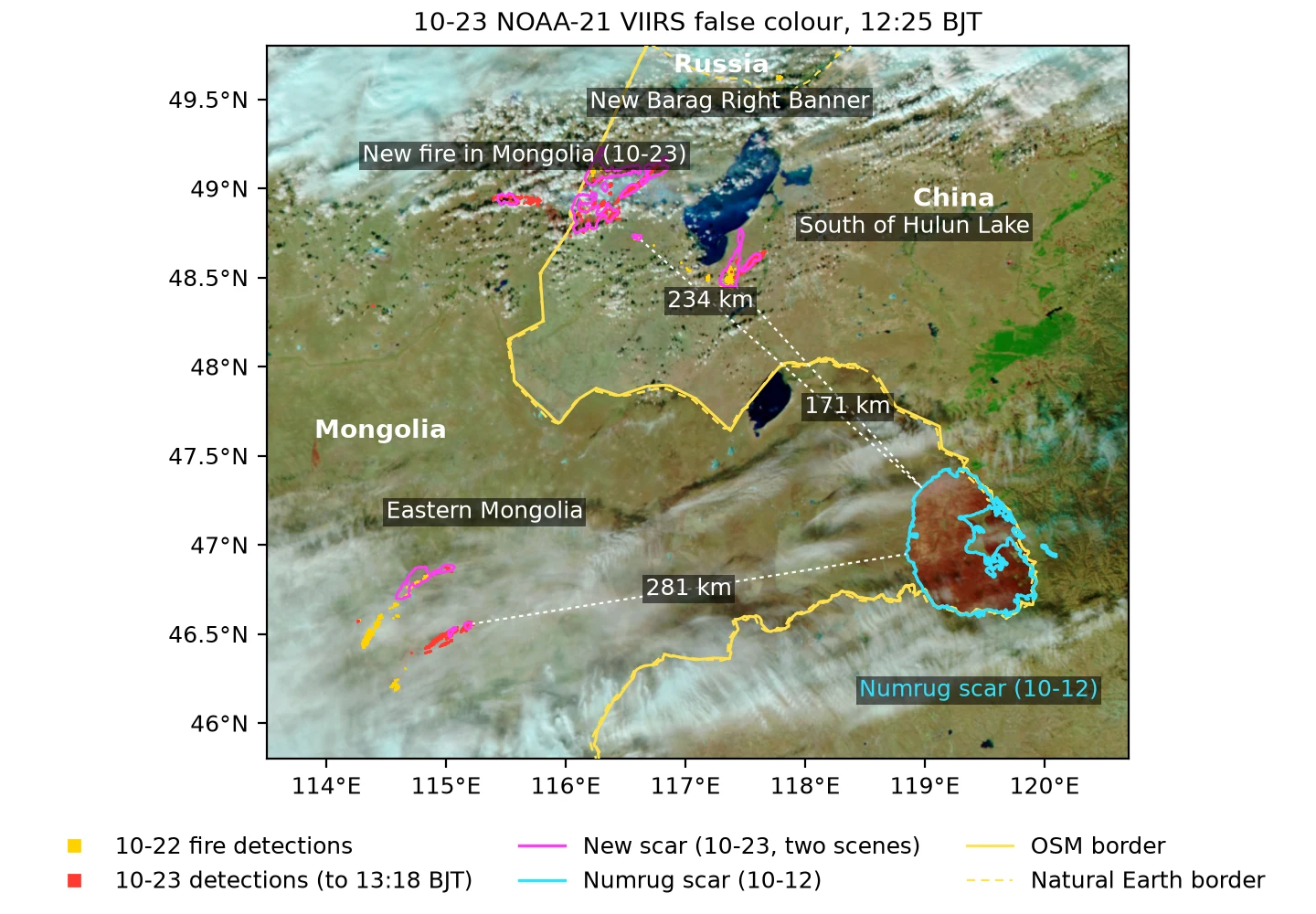 10-23 өдрийн үд дунд NOAA-21 VIIRS хуурмаг өнгө (Бээжингийн цагаар ойролцоогоор 12:25). Ягаан хүрээ нь 10-23 өдрийн зурган дээрх шинэ шатсан талбай, Terra ба NOAA-21 хоёр зургийг нэгтгэсэн; шар цэг, улаан цэг нь 10-22 ба 10-23 өдрийн FIRMS галын цэг, Бээжингийн цагийн огноогоор хуваасан, 10-23 өдрийн 13:18 цаг хүртэл; оюу өнгийн хүрээ нь Нөмрөгийн (Numrug) 10-12 өдрийн шатсан талбай; цагаан тасархай шугам нь шинэ шатсан талбайн захаас Нөмрөгийн шатсан талбай хүртэлх хамгийн ойр зай бөгөөд дээрх хүснэгтэд галын цэгээр тооцсон зайнаас ялгаатай; шар бүтэн шугам нь OSM хил, шар тасархай шугам нь Natural Earth хил. Монгол Улсын хоёр түймрийн талбайн ихэнх хэсэг нимгэн үүл ба утаанд халхлагдсан тул хүрээ нь зөвхөн тод харагдах хэсгийг харуулна. Эх сурвалж: NASA GIBS Corrected Reflectance, NASA FIRMS, OpenStreetMap, Natural Earth; шатсан талбайг өөрөө тооцсон