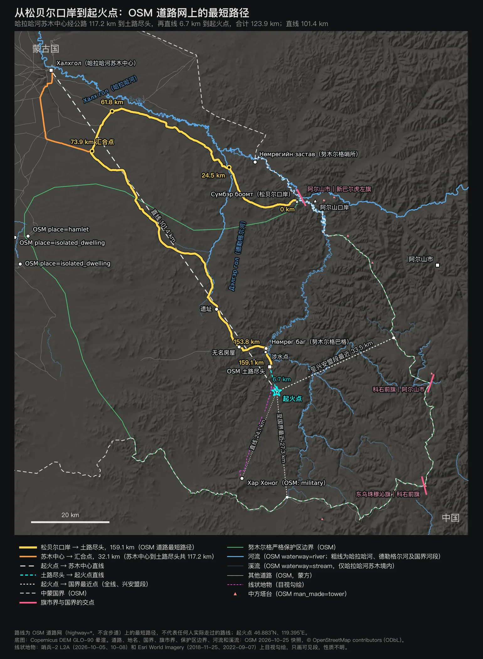 松贝尔口岸到起火点附近的 OSM 道路最短路径、哈拉哈河苏木中心支线、起火点到国界的最近距离与努木尔格严格保护区边界