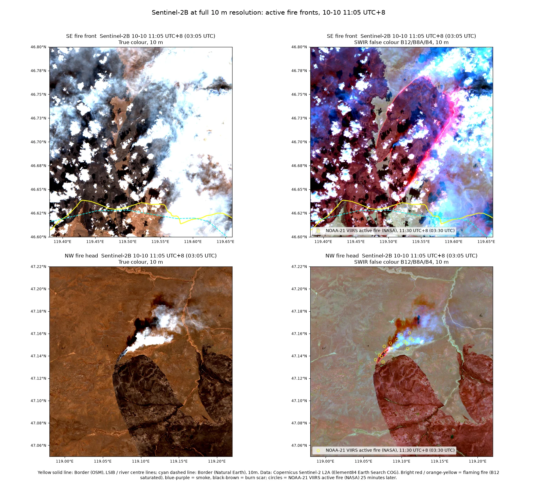 Fire fronts at full 10 m resolution from Sentinel-2B, 10-10 11:05 UTC+8, with NOAA-21 VIIRS active fire (NASA) detections from 11:30 UTC+8. Data: Contains modified Copernicus Sentinel data 2026 (Sentinel-2, via Element84 Earth Search); NASA VIIRS 375 m and MODIS 1 km active fire products (VNP14IMG, VJ114IMG, VJ214IMG v002; MOD14/MYD14 C6.1; NASA LP DAAC, LANCE); © OpenStreetMap contributors (ODbL, openstreetmap.org/copyright); Made with Natural Earth
