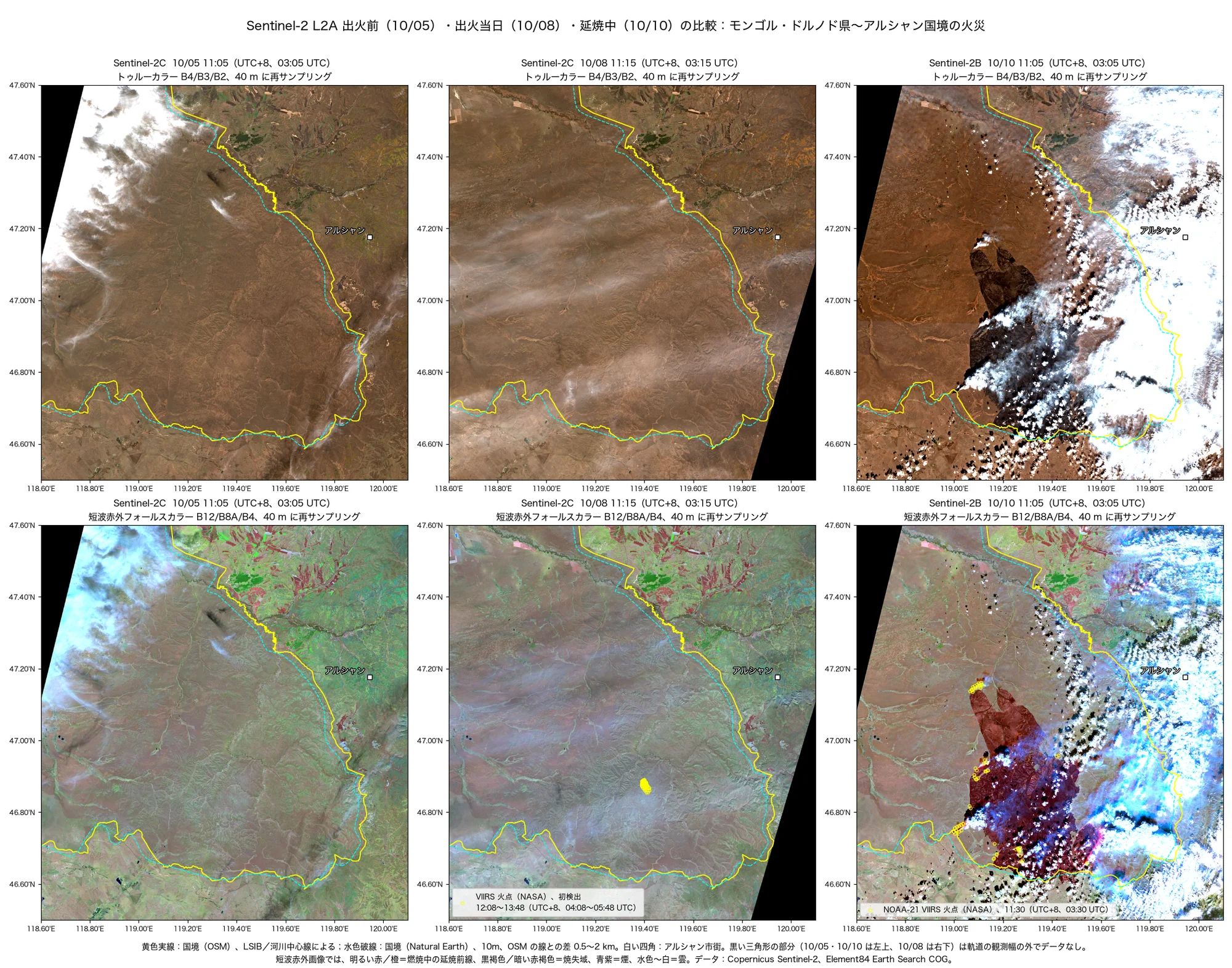 Sentinel-2 の比較：10/05 出火前、10/08 出火の約 1 時間前、10/10 延焼中。上段はトゥルーカラー、下段は短波赤外フォールスカラー（B12/B8A/B4）。黄色の線は国境（OSM）、水色の破線は国境（Natural Earth）。データ：Contains modified Copernicus Sentinel data 2026（Sentinel-2、Element84 Earth Search 経由）；NASA VIIRS 375 m・MODIS 1 km 火点プロダクト（VNP14IMG、VJ114IMG、VJ214IMG v002、MOD14/MYD14 C6.1、NASA LP DAAC・LANCE）；© OpenStreetMap contributors（ODbL、openstreetmap.org/copyright）；Made with Natural Earth
