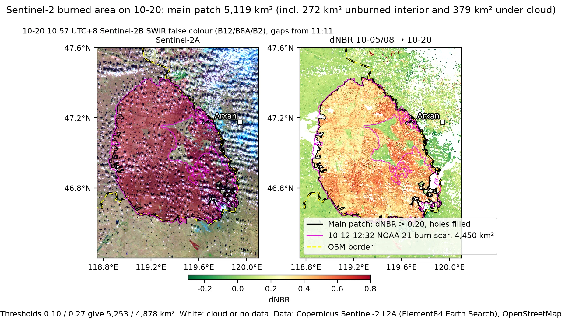 10-20-ны Sentinel-2 дээрх шатсан талбай: зүүн талд SWIR хуурмаг өнгө, баруун талд dNBR (10-05/08→10-20). Хар шугам нь dNBR > 0.20 ба нүх дүүргэсний дараах үндсэн холбогдсон муж, ягаан нь 10-12 12:32-ын NOAA-21-ийн 4,450 km² шатсан талбай, шар тасархай шугам нь OSM хил