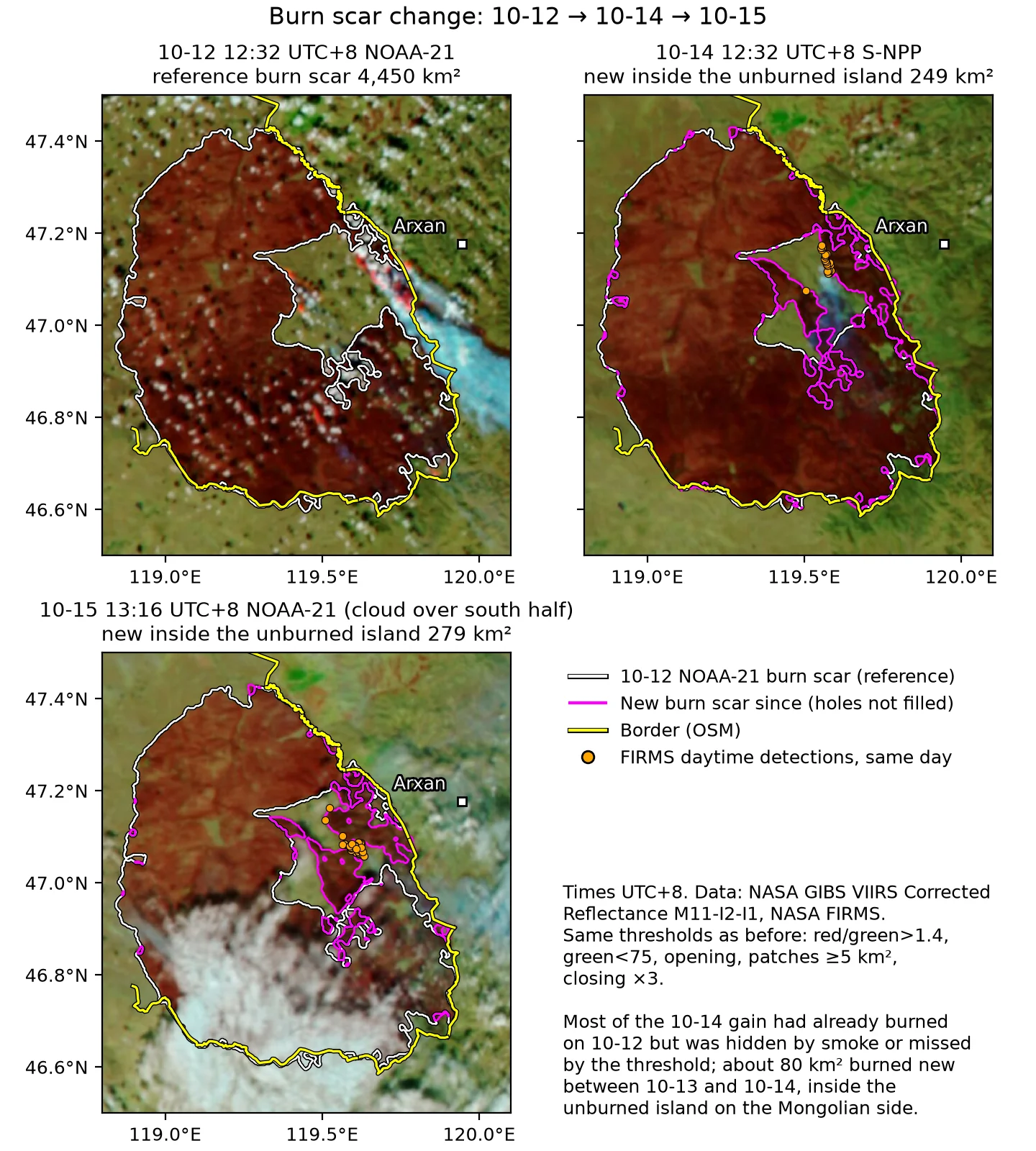 Burn scar change: the 10-12 NOAA-21 reference burn scar (white line) and the new burn scar on 10-14 S-NPP and 10-15 NOAA-21 (magenta, holes not filled), with the daytime FIRMS fire detections of the same day. Yellow line: border (OSM). In the 10-15 scene the southern half of the fire area is under cloud. Data: Imagery from NASA GIBS/Worldview (MODIS, VIIRS Corrected Reflectance); NASA FIRMS / LANCE NRT active fire data (VIIRS 375 m, MODIS 1 km); © OpenStreetMap contributors (ODbL, openstreetmap.org/copyright)