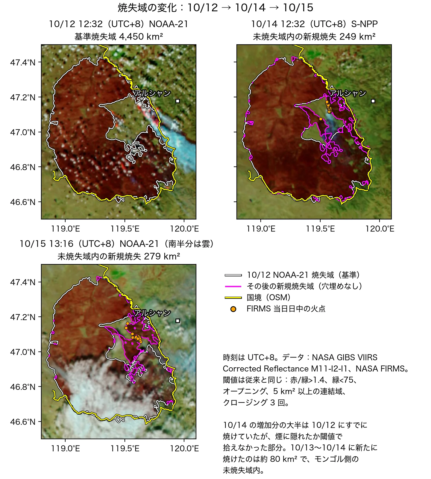 焼失域の変化：10/12 NOAA-21 の基準焼失域（白い線）と、10/14 S-NPP・10/15 NOAA-21 で新たに加わった焼失域（マゼンタ、穴埋めなし）に、同じ日の日中の FIRMS 火点を重ねた。黄色の線は国境（OSM）。10/15 のシーンでは火災域の南半分が雲に覆われている。データ：NASA GIBS/Worldview の画像（MODIS、VIIRS Corrected Reflectance）；NASA FIRMS / LANCE 準リアルタイム火点データ（VIIRS 375 m、MODIS 1 km）；© OpenStreetMap contributors（ODbL、openstreetmap.org/copyright）