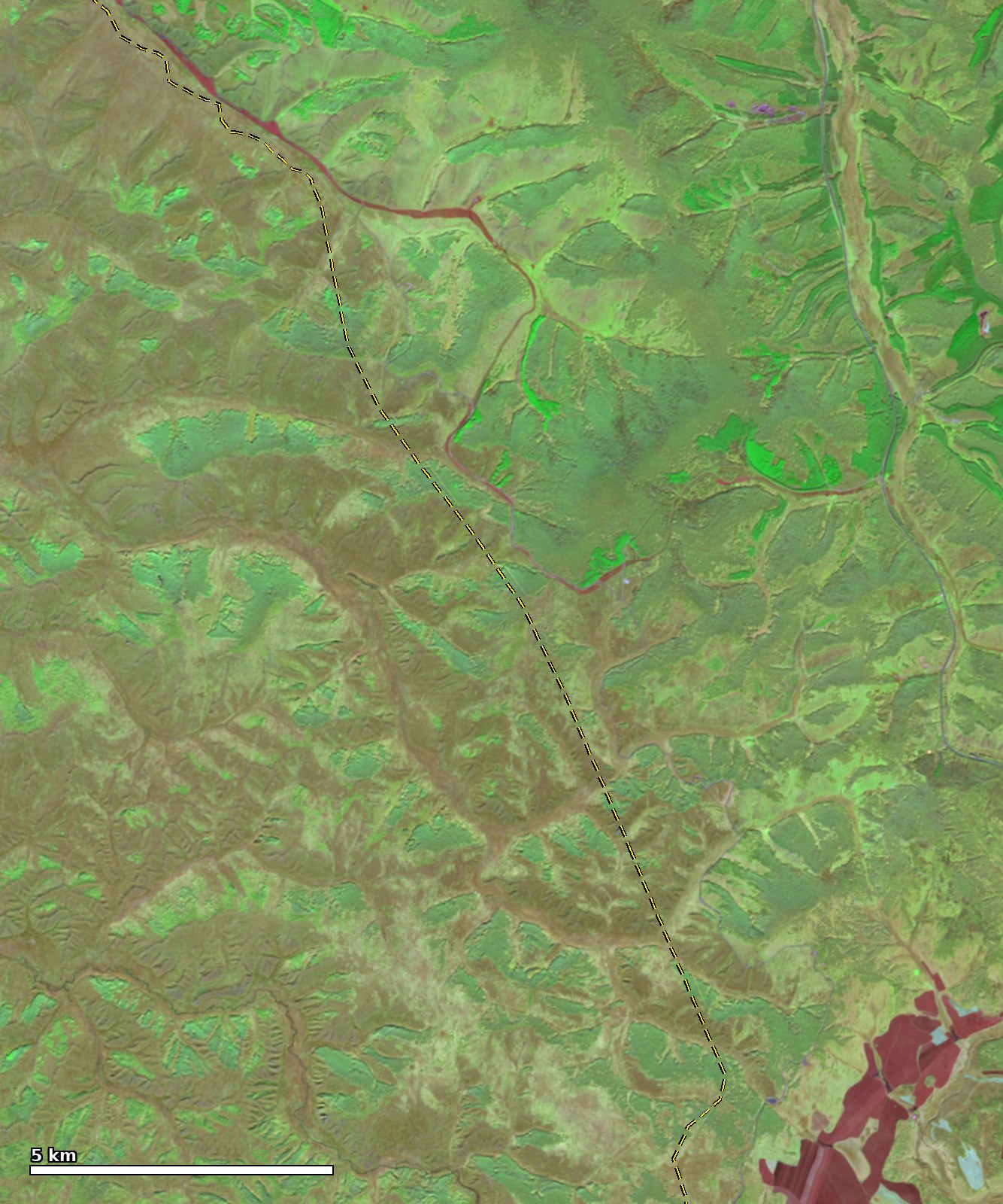 Рашаанаас баруун тийших хэсгийн хилийн Sentinel-2 түймрийн өмнөх ба дараах харьцуулалт — Түймрийн өмнө 10-05 Sentinel-2C SWIR