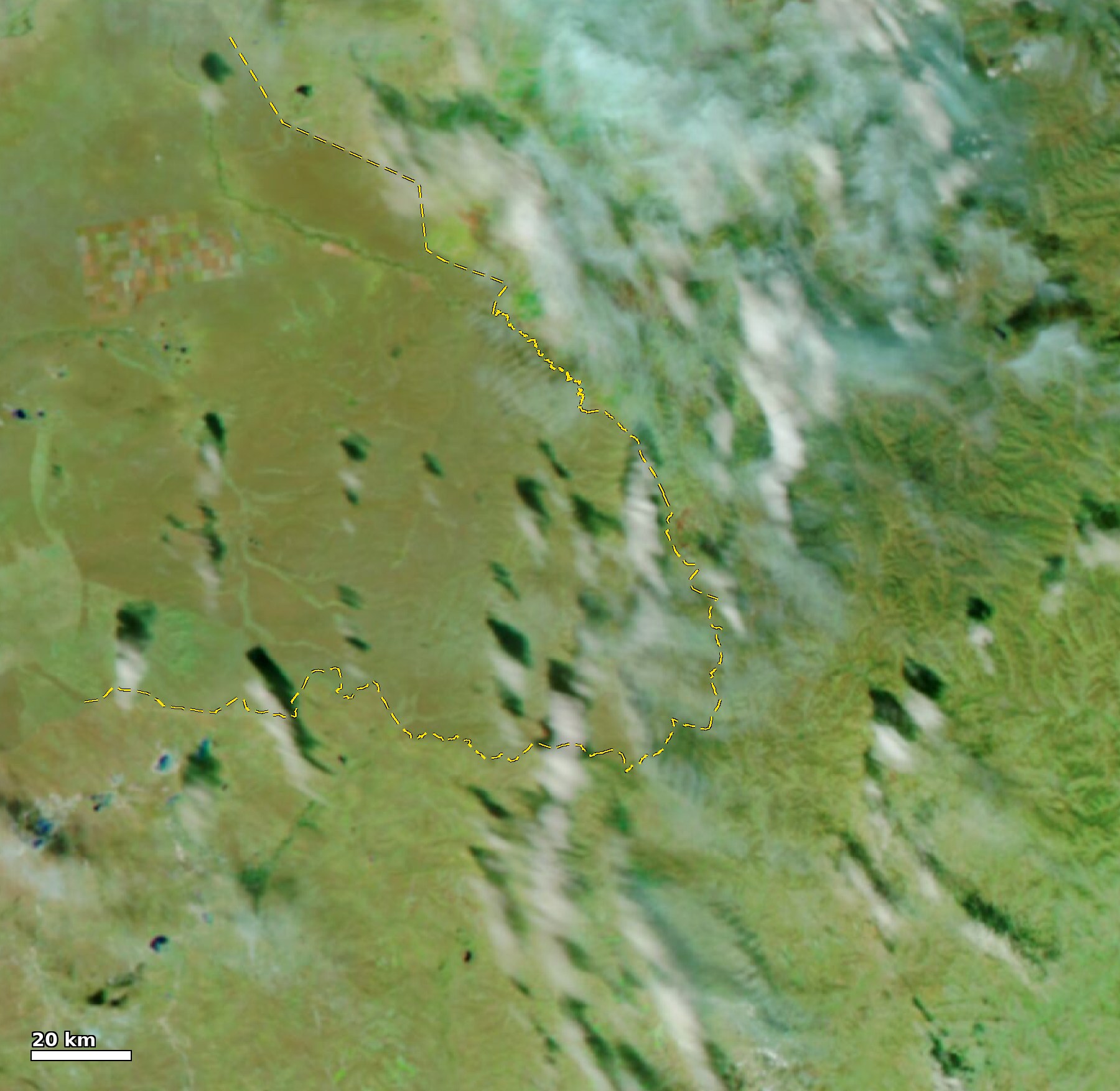 Өргөн хүрээний VIIRS хуурмаг өнгөний түймрээс өмнөх ба хойших харьцуулалт — Түймрээс өмнө 10-07 NOAA-20 VIIRS