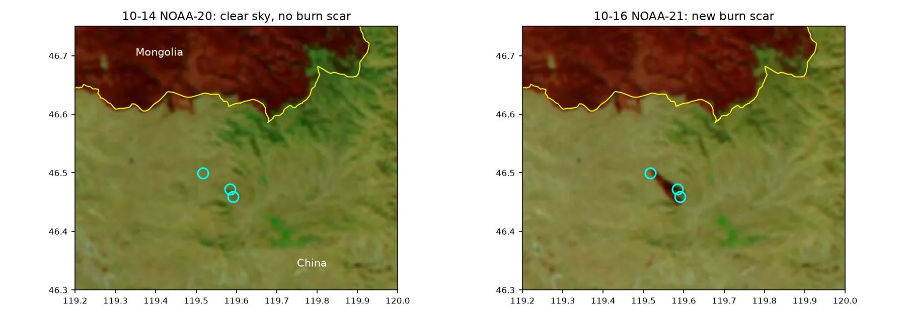 VIIRS false colour (M11-I2-I1) from NOAA-20 on 10-14 and NOAA-21 on 10-16, 46.3–46.75°N, 119.2–120.0°E. The dark red area at the top is the burn scar of the main fire. Cyan circles: MODIS fire detections from Aqua at 14:52 and Terra at 19:19 UTC+8 on 10-15; yellow line: border (OSM). On 10-16 a new burn scar, absent on 10-14, lies between the two groups of fire detections. Data: Imagery from NASA GIBS/Worldview (MODIS, VIIRS Corrected Reflectance); NASA FIRMS / LANCE NRT active fire data (VIIRS 375 m, MODIS 1 km); © OpenStreetMap contributors (ODbL, openstreetmap.org/copyright)