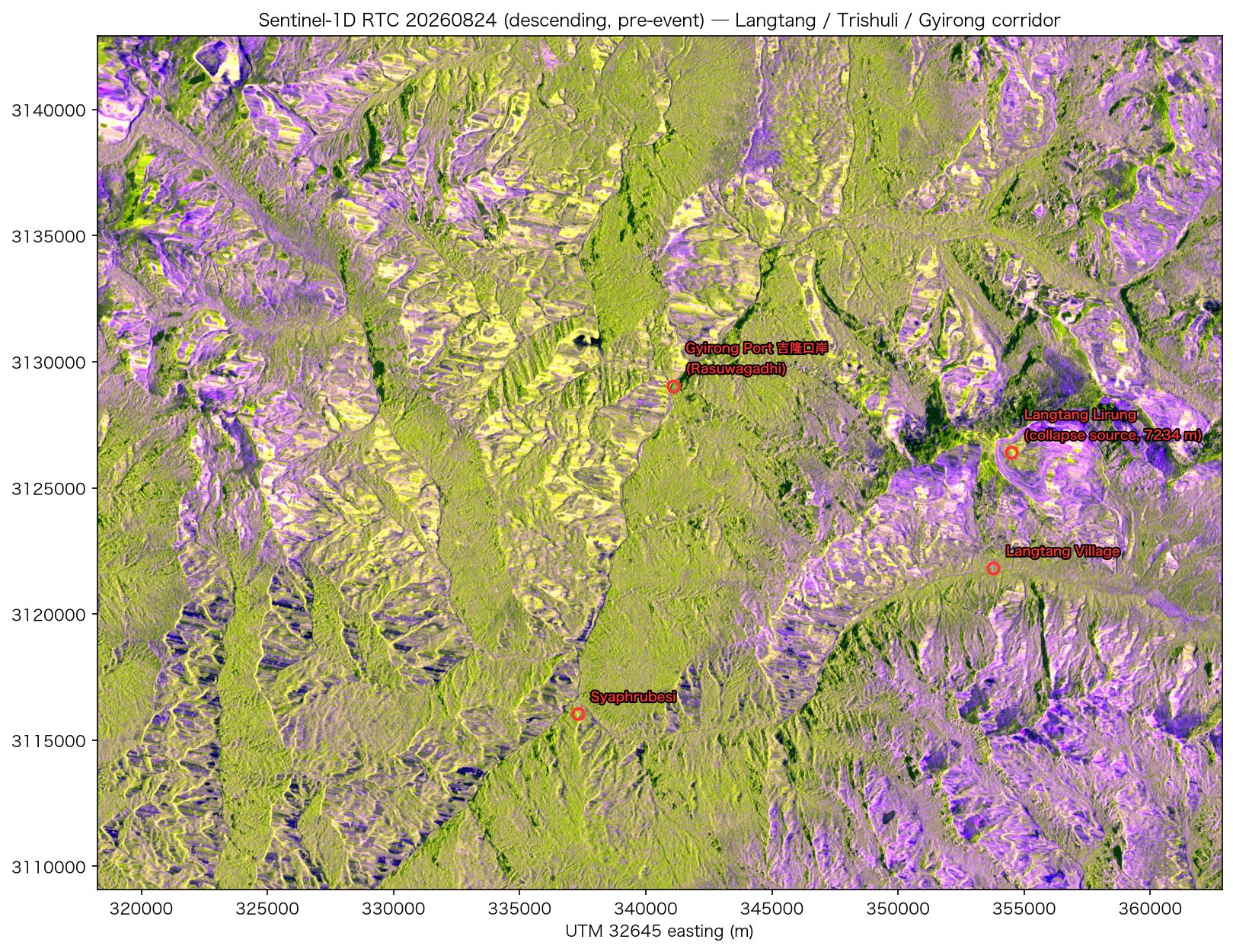 灾前基线,2026-08-24 path 19 降轨 Sentinel-1D RTC 双极化合成(R=VV,G=VH,B=VV−VH)