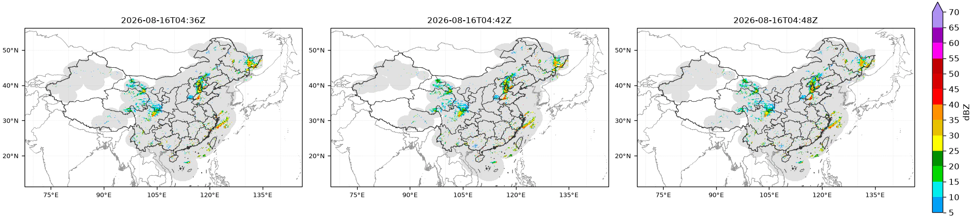 三个连续时次的拼图结果,叠加国境线与雷达覆盖圆盘